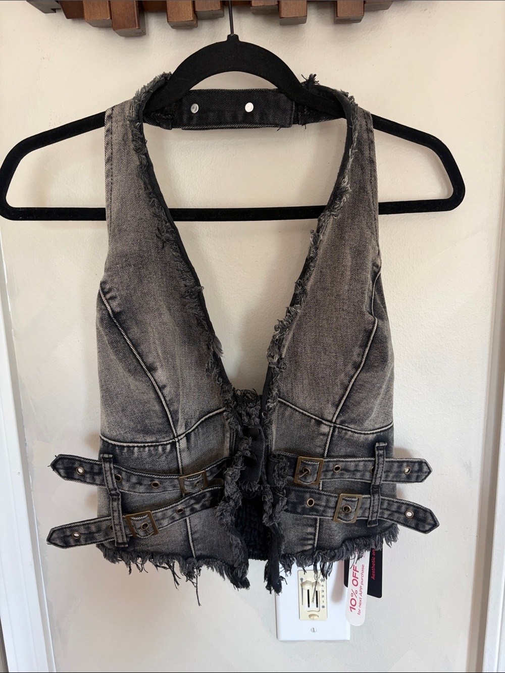 Distressed Washed Black Denim Vest with Buckle Details